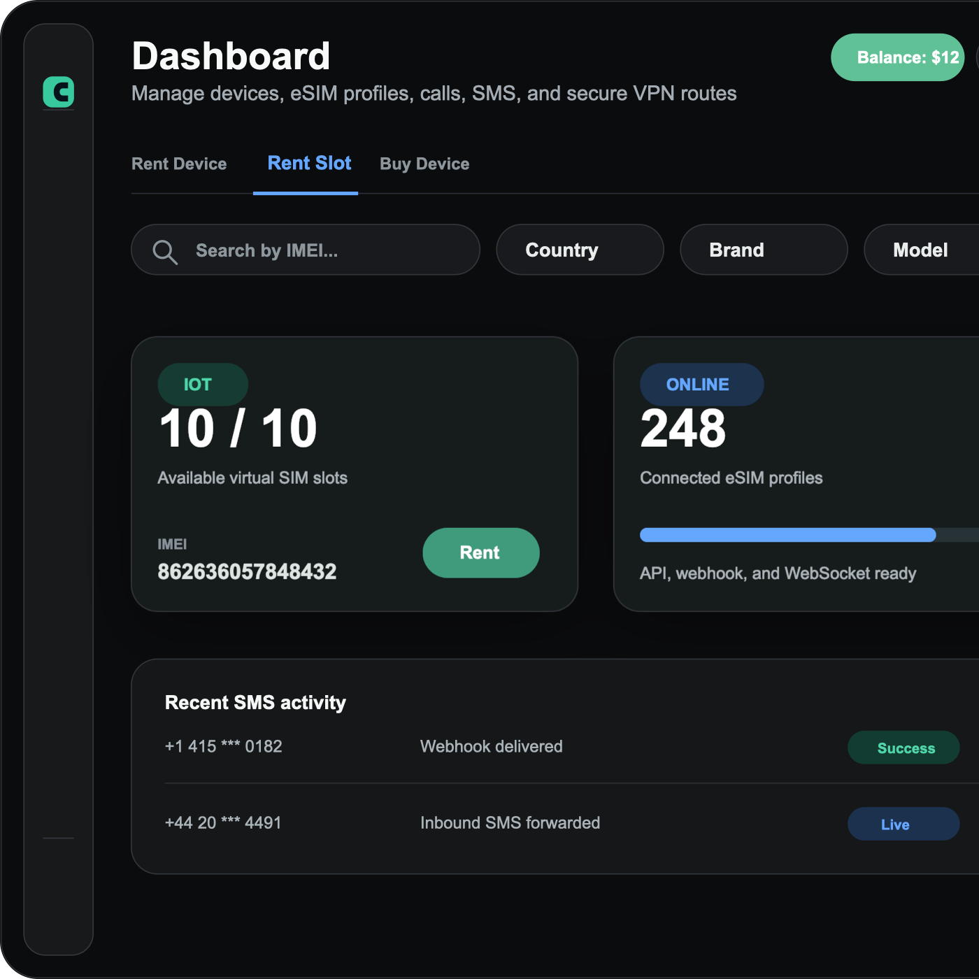 Simvoid portal showing device, slot, SMS, call, VPN, and marketplace controls